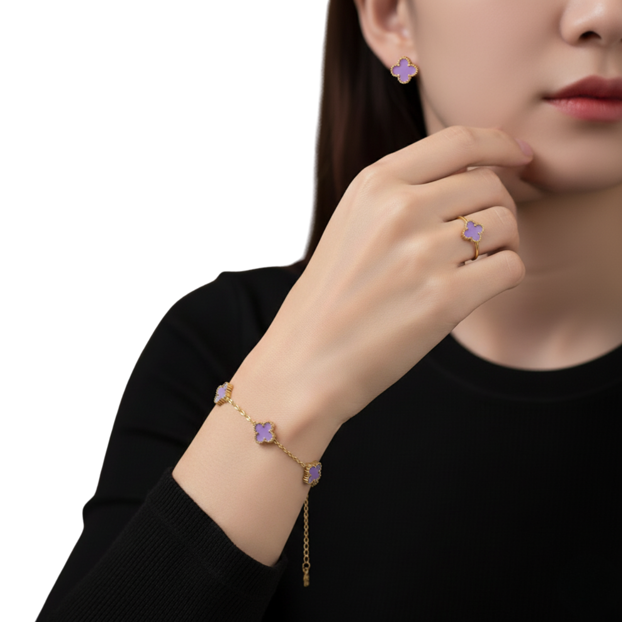 Conjunto Completo de Acero Chapado en Oro de 18K 100% con Tréboles Morados