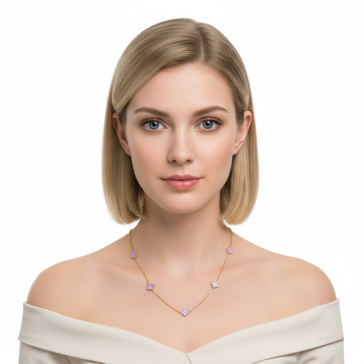 Collar de Acero Chapado en Oro de 18K 100% con Múltiples Tréboles Morados