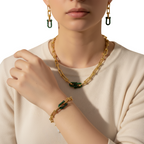 Conjunto de Cadena de Eslabones con Circonitas Verdes (Collar, Pulsera y Pendientes) - 100% Acero Bañado en Oro 18K