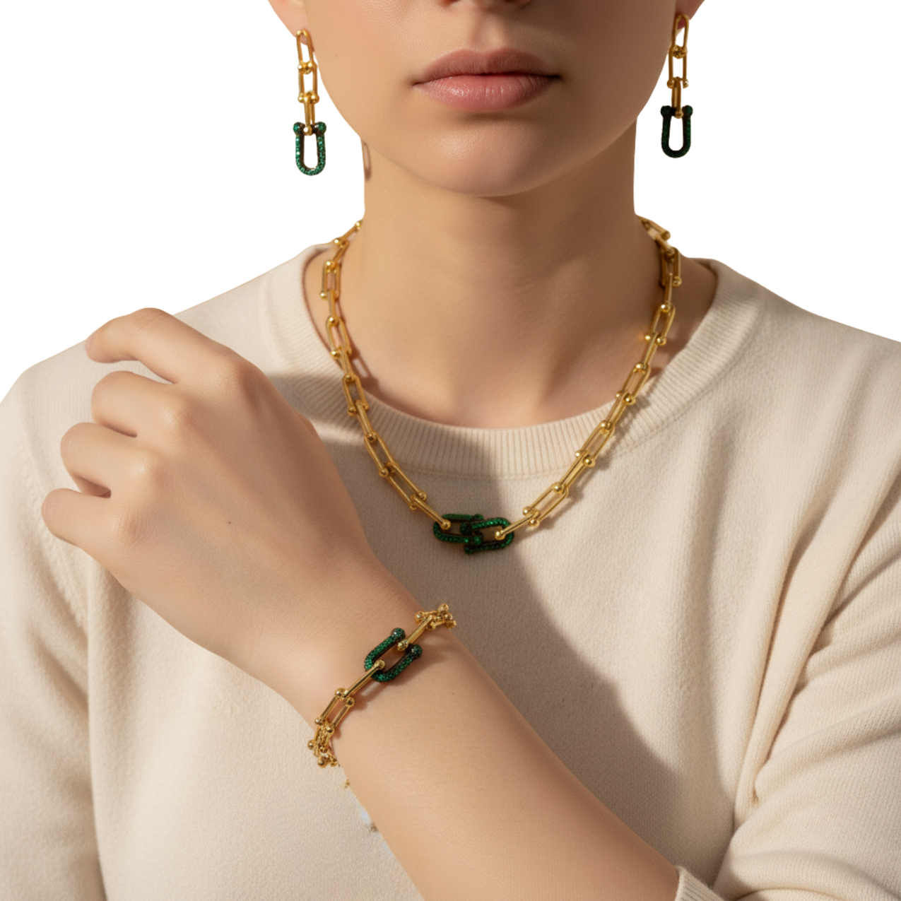 Conjunto de Cadena de Eslabones con Circonitas Verdes (Collar, Pulsera y Pendientes) - 100% Acero Bañado en Oro 18K
