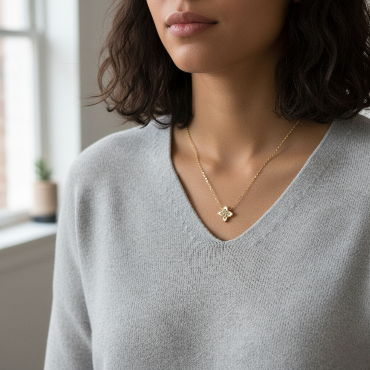 Collar con Colgante Flor de Cuatro Pétalos con Nácar y Circonitas 100% Acero Bañado en Oro 18K