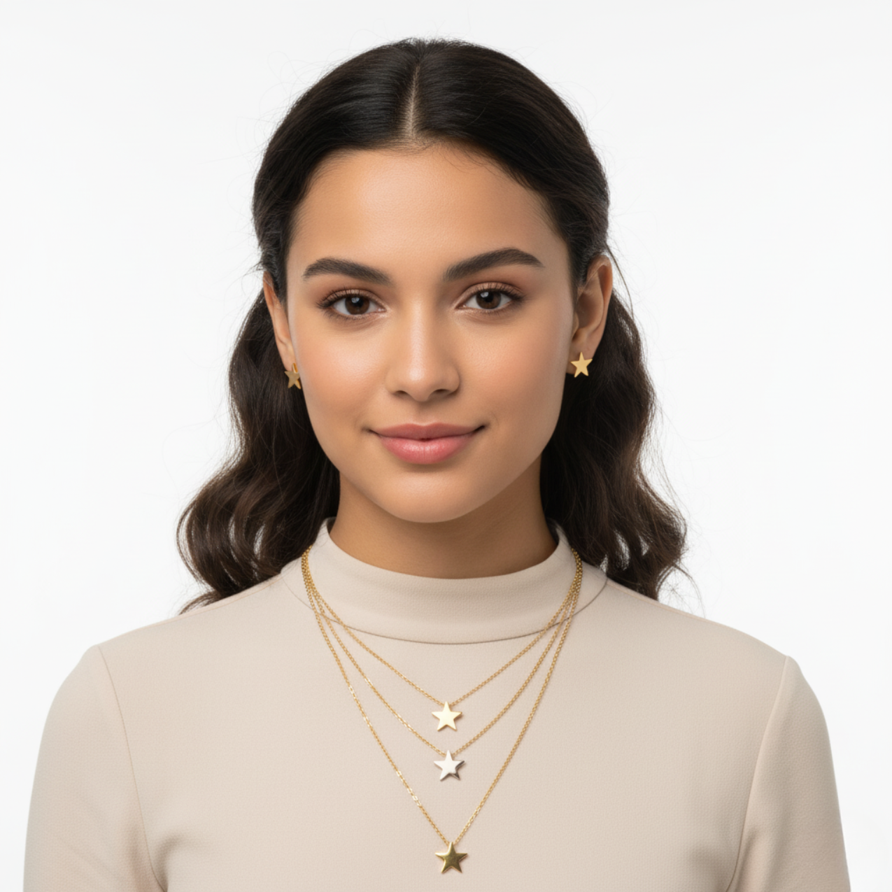 Conjunto Collar de Tres Cadenas con Estrellas y Pendientes a Juego - 100% Acero Bañado en Oro 18K