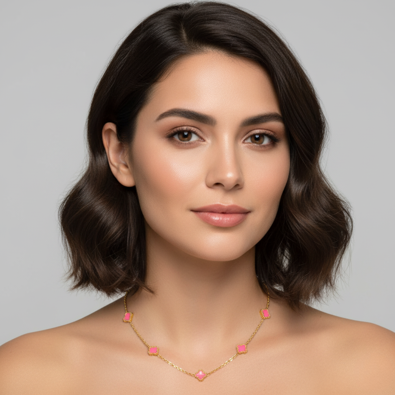 Conjunto de Joyería Trébol Rosa Fucsia 100% Acero Bañado en Oro 18K