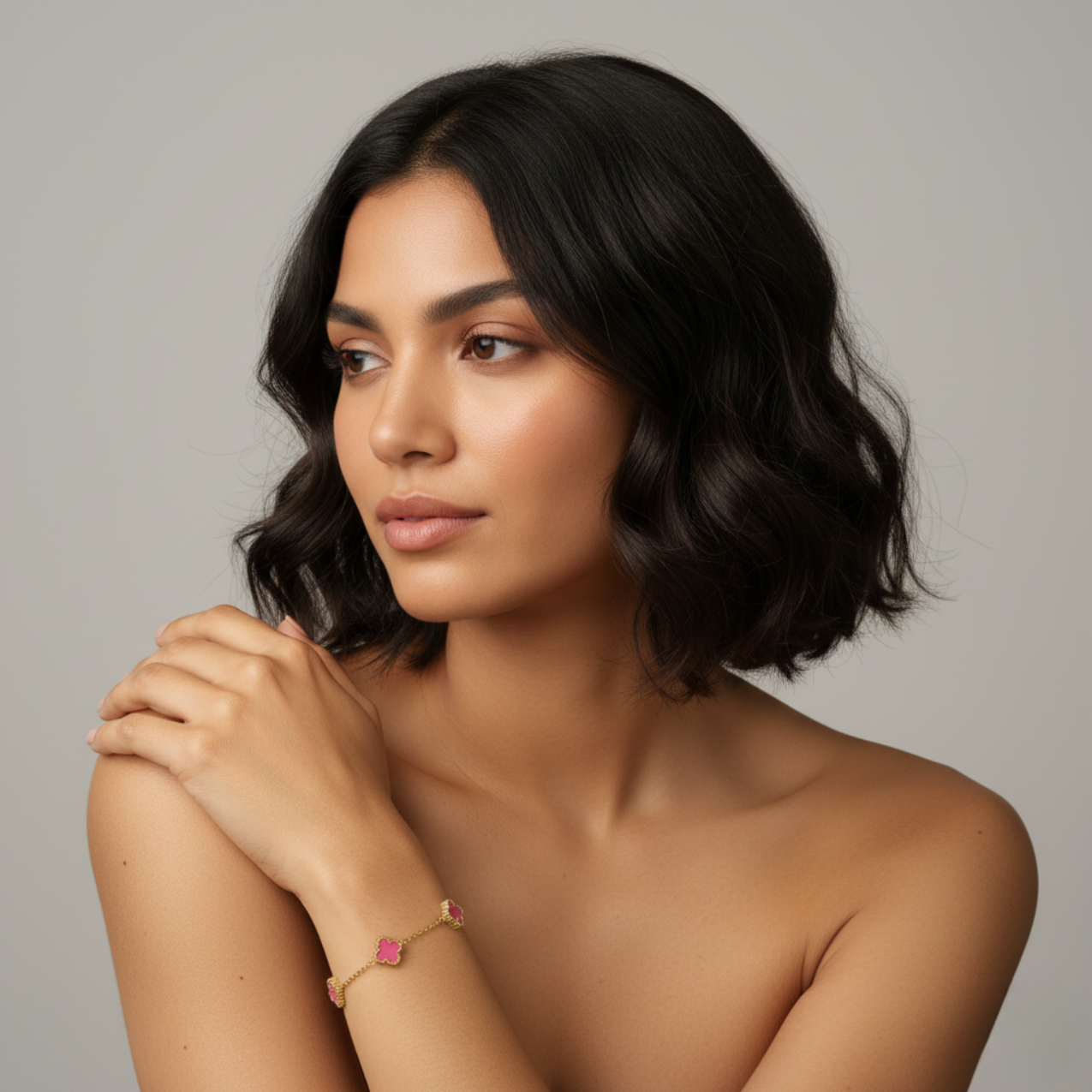 Conjunto de Joyería Trébol Rosa Fucsia 100% Acero Bañado en Oro 18K