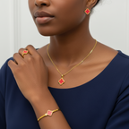 Conjunto Completo Trébol de la Suerte Rojo - Acero Bañado en Oro 18K