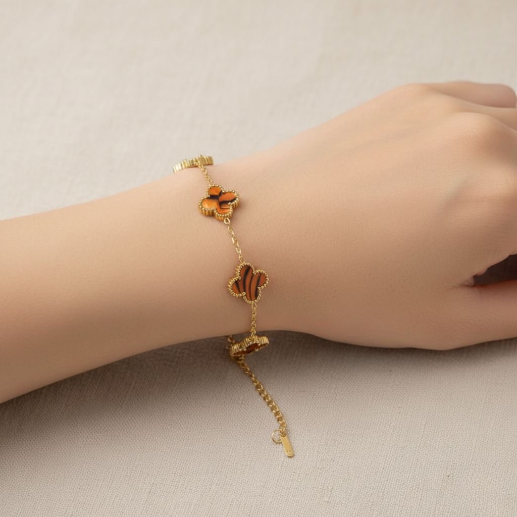 Conjunto de Joyería Trébol Naranja Mármol 100% Acero Bañado en Oro 18K