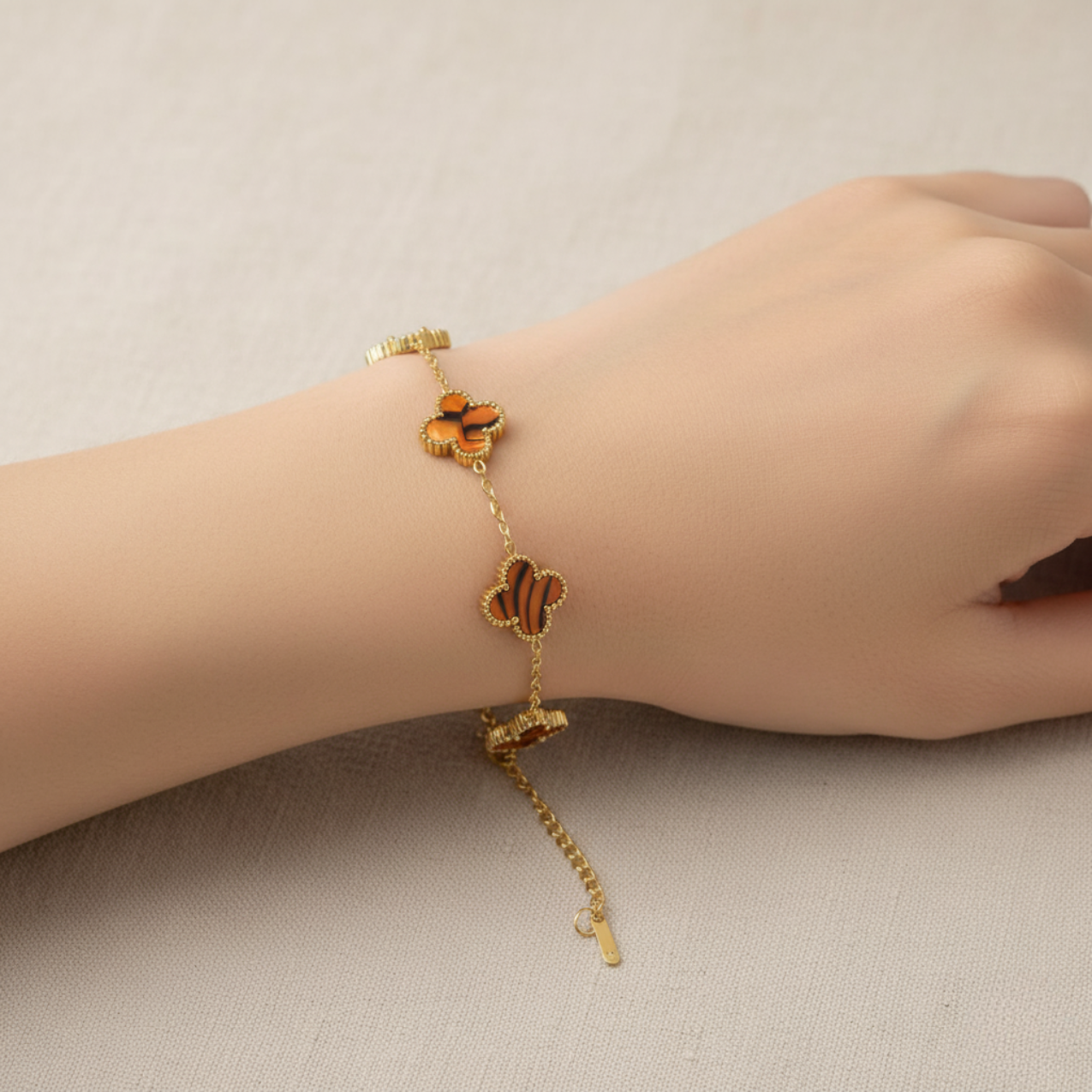 Conjunto de Joyería Trébol Naranja Mármol 100% Acero Bañado en Oro 18K