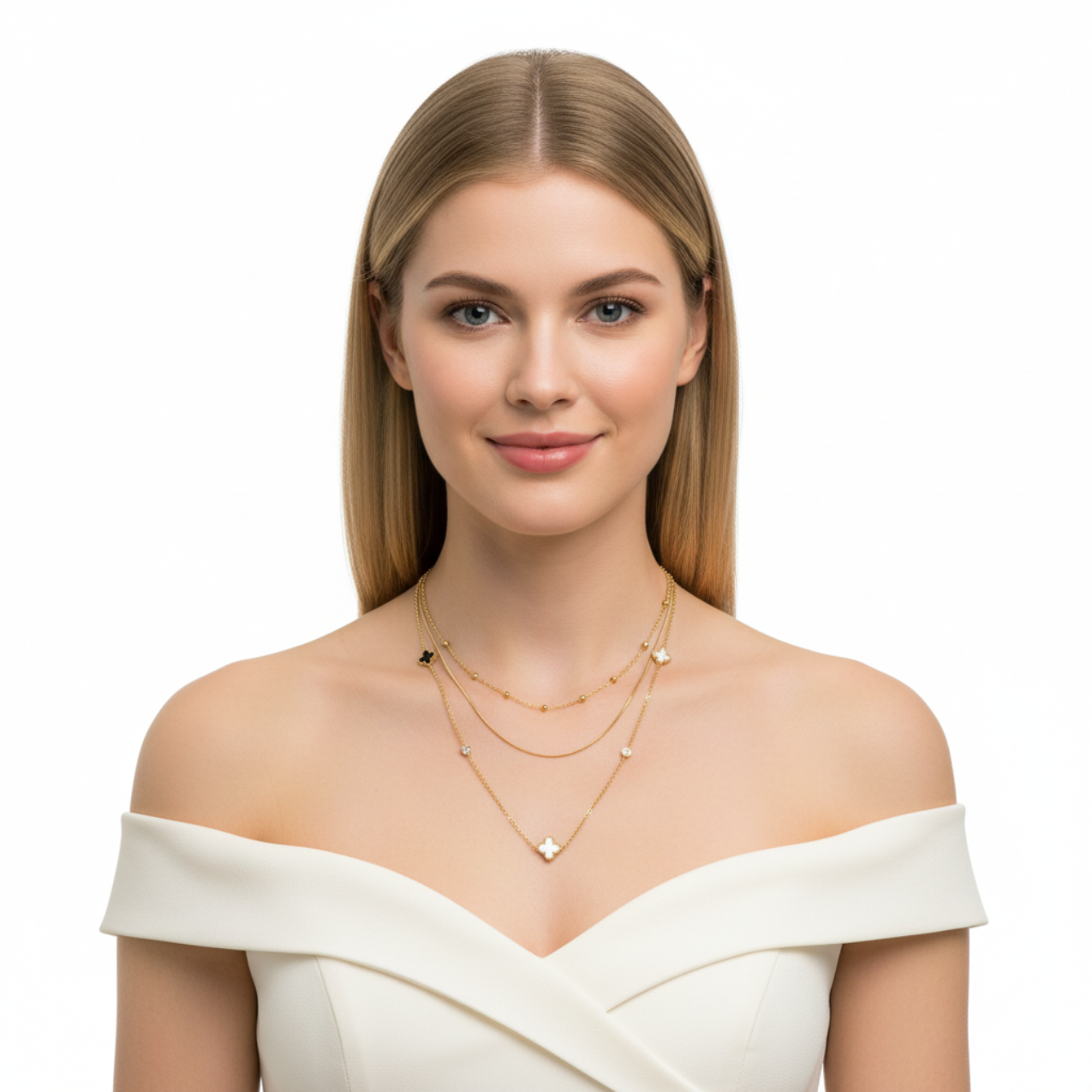Collar Doble Cadena con Tréboles y Circonitas - 100% Acero Bañado en Oro 18K