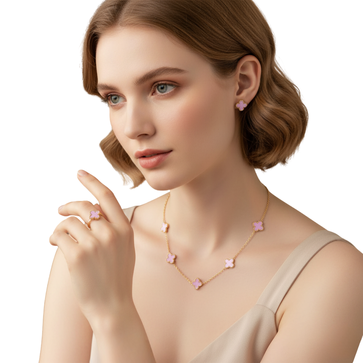 Conjunto de Joyería Trébol Lila 100% Acero Bañado en Oro 18K