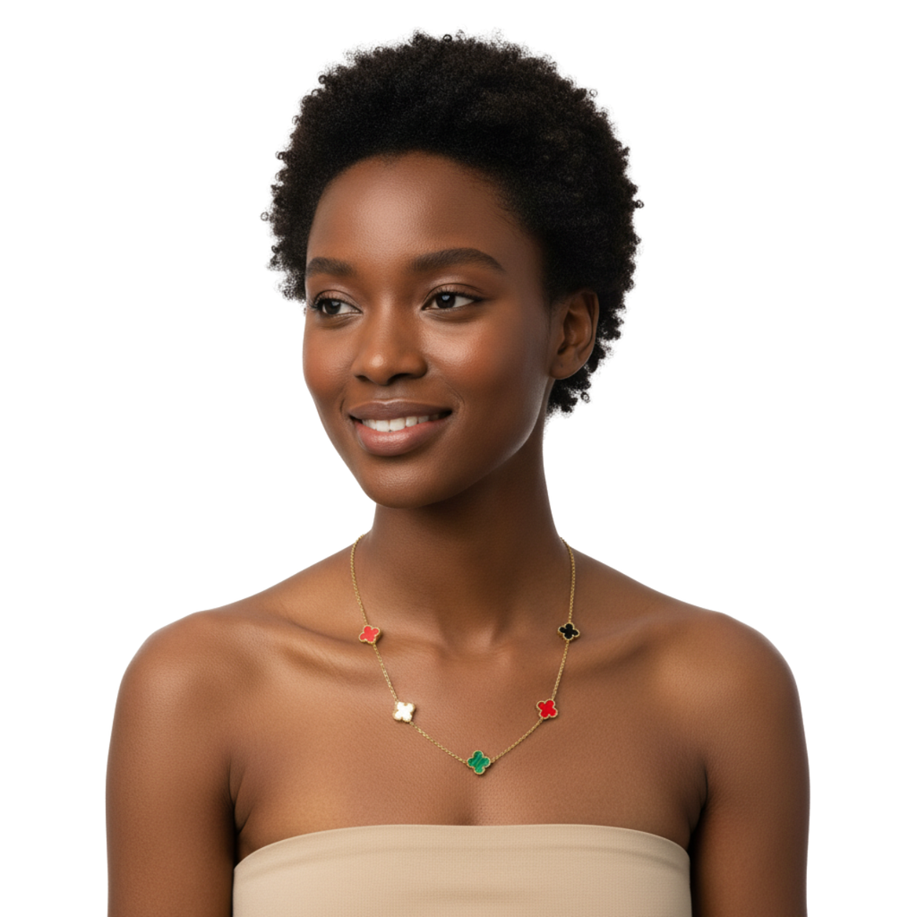 Collar Largo de Tréboles de Cuatro Hojas Multicolores - 100% Acero Bañado en Oro 18K