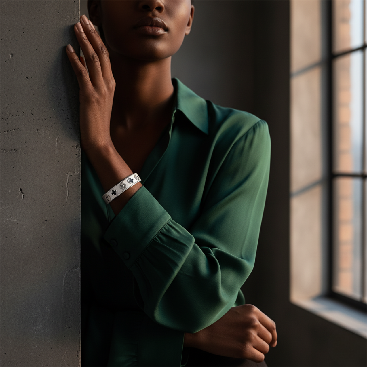 Pulsera Rígida Tréboles Negros - Acero Bañado en Plata