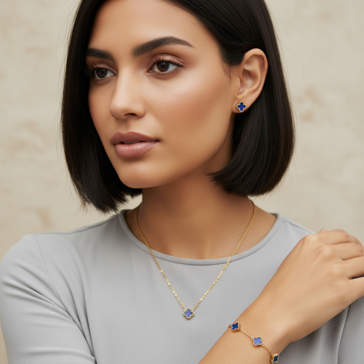 Conjunto de Joyería Trébol Azul Zafiro 100% Acero Bañado en Oro 18K