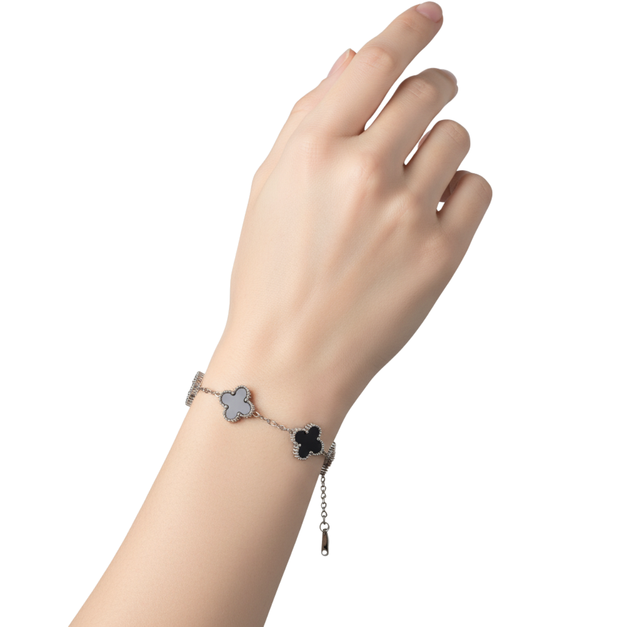 Conjunto Lujo de Tréboles de Cuatro Hojas Negros (Collar, Pendientes, Pulsera y Anillo) - Acero Inoxidable con Baño en Rodio