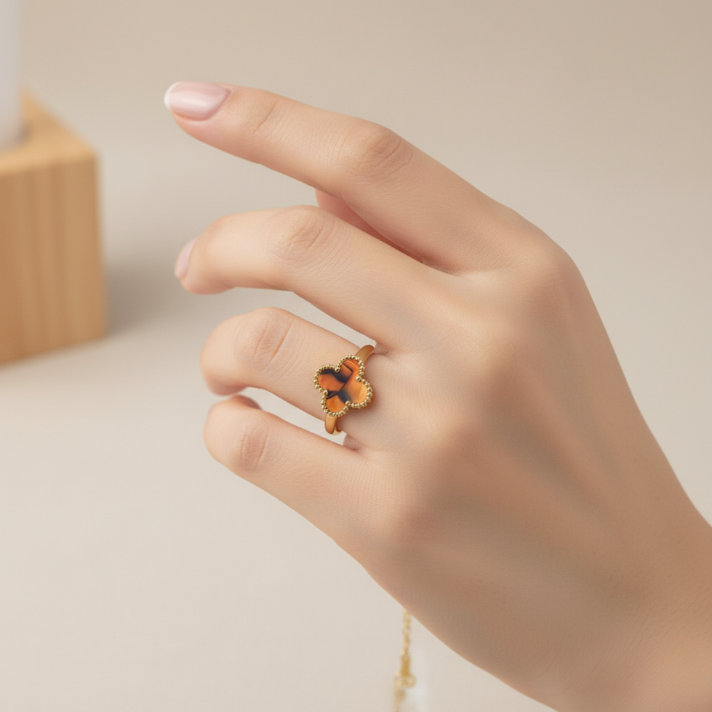 Conjunto de Joyería Trébol Naranja Mármol 100% Acero Bañado en Oro 18K