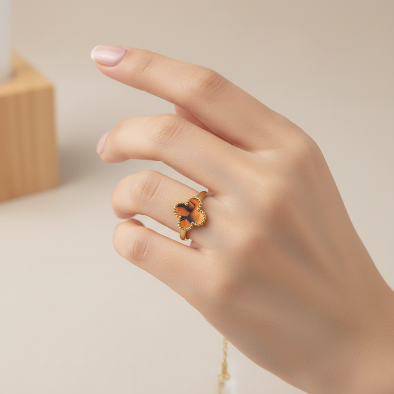 Conjunto de Joyería Trébol Naranja Mármol 100% Acero Bañado en Oro 18K
