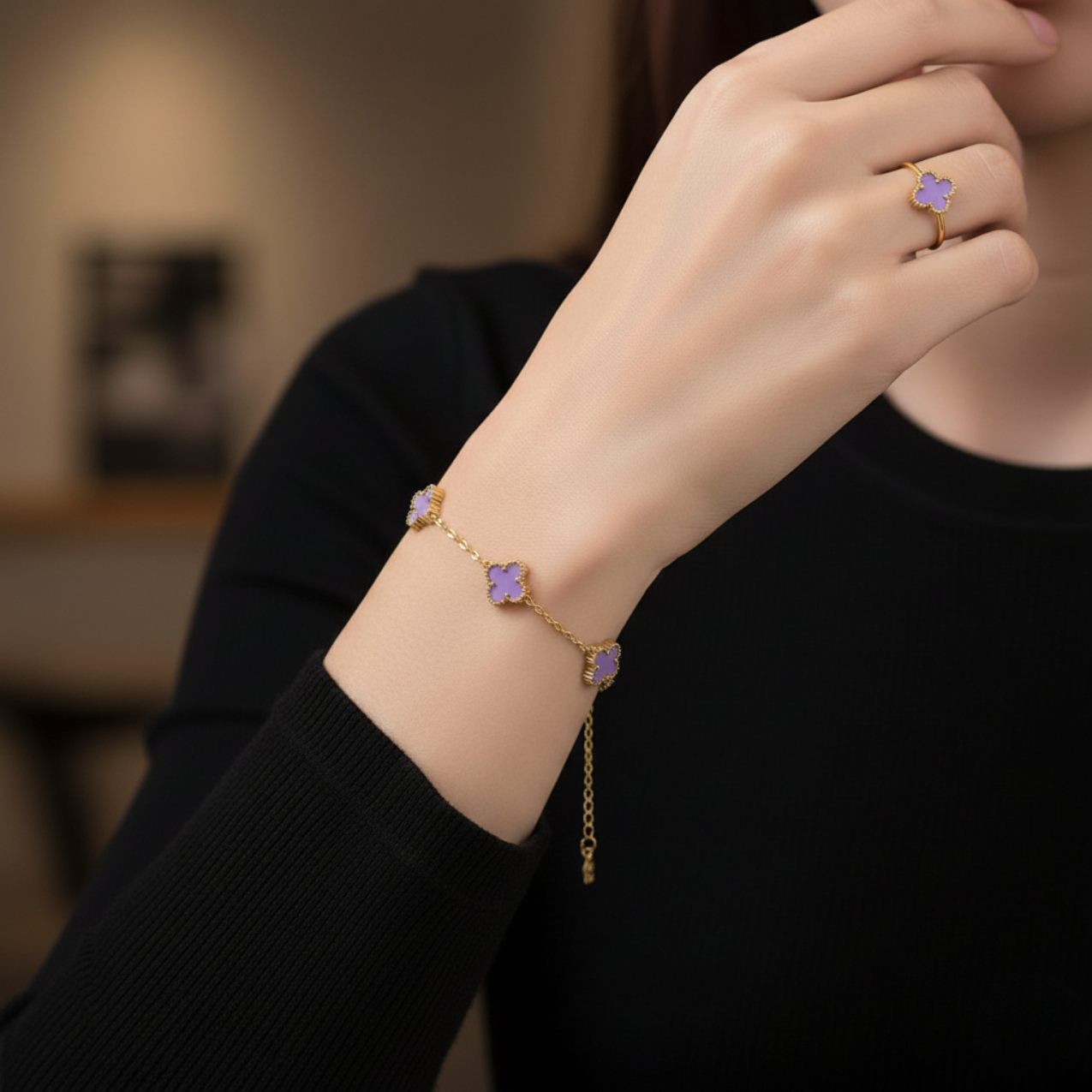Conjunto Completo de Acero Chapado en Oro de 18K 100% con Tréboles Morados