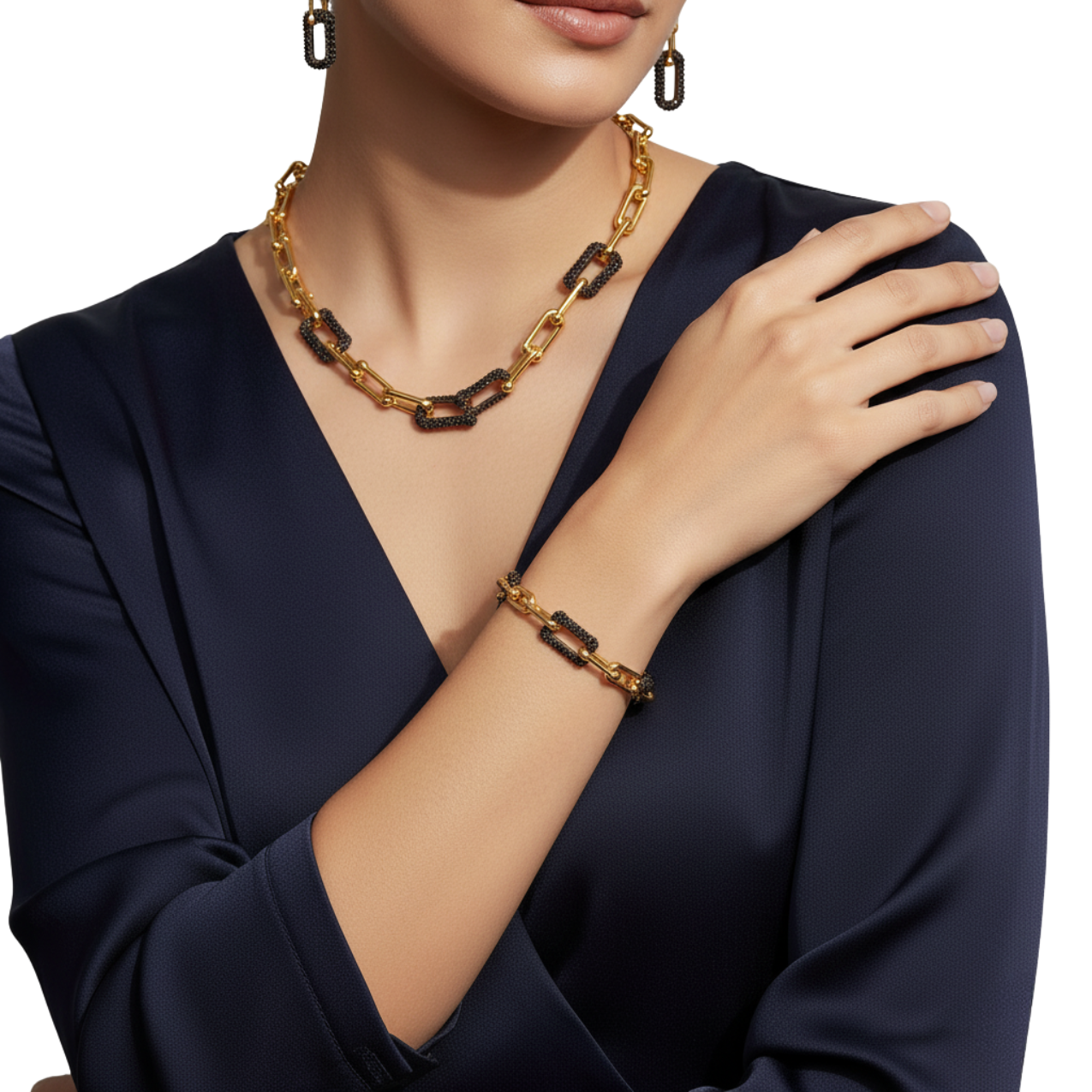 Conjunto de Cadena de Eslabones con Detalles Negros (Collar, Pulsera y Pendientes) - 100% Acero Bañado en Oro 18K