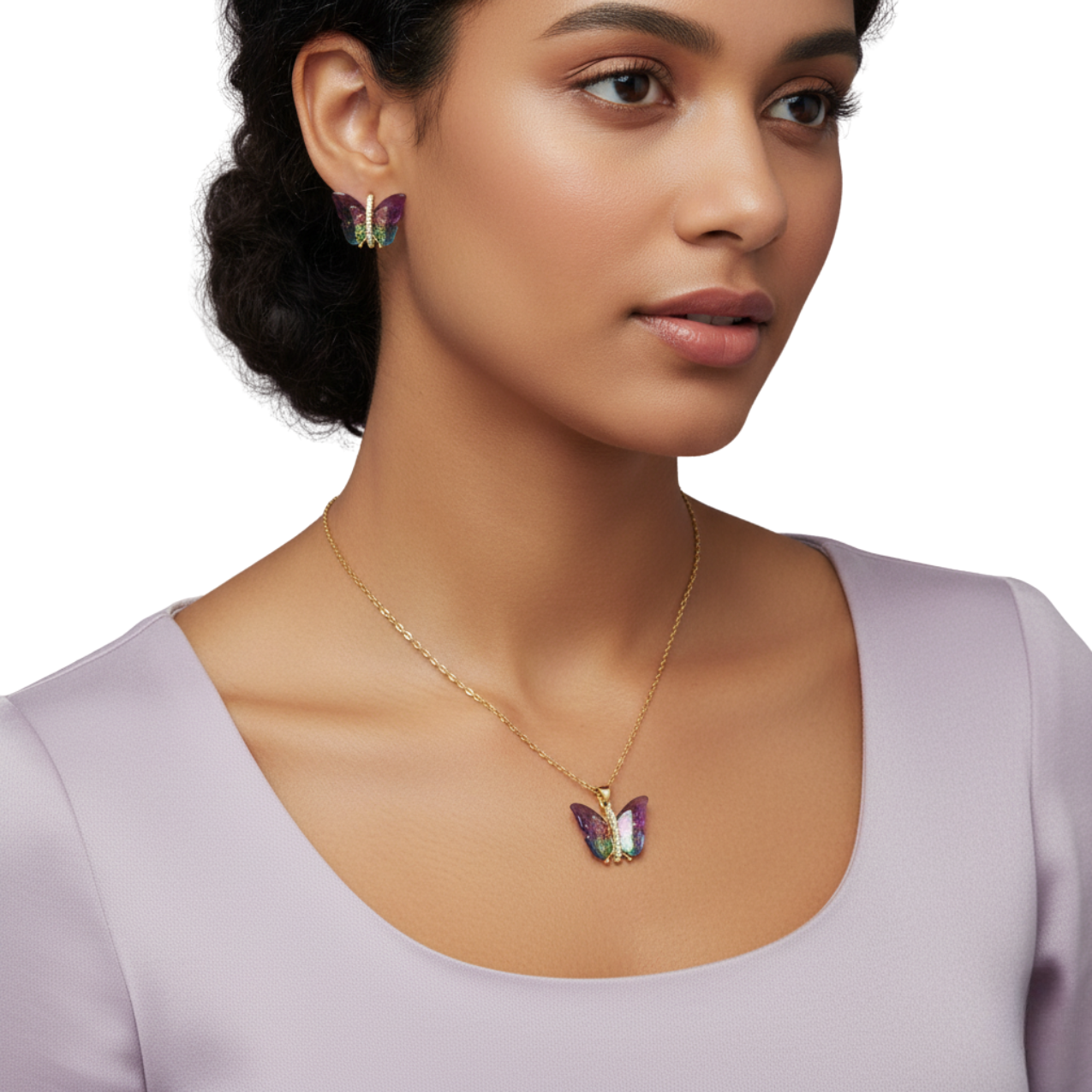 Conjunto Collar y Pendientes de Mariposa con Alas de Cristal Multicolores y Circonitas - 100% Acero Bañado en Oro 18K