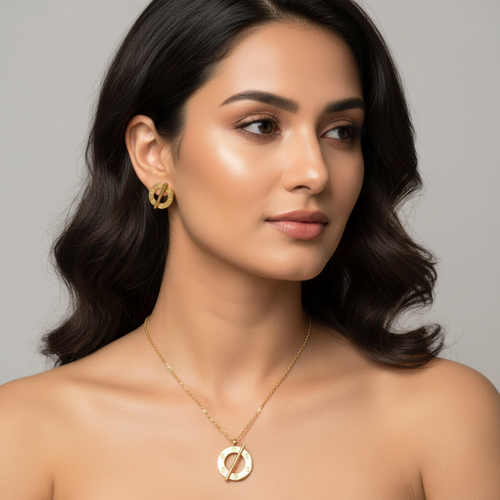 Conjunto de Joyería Circular con Barra Diagonal y Detalles de Tornillo 100% Acero Bañado en Oro 18K
