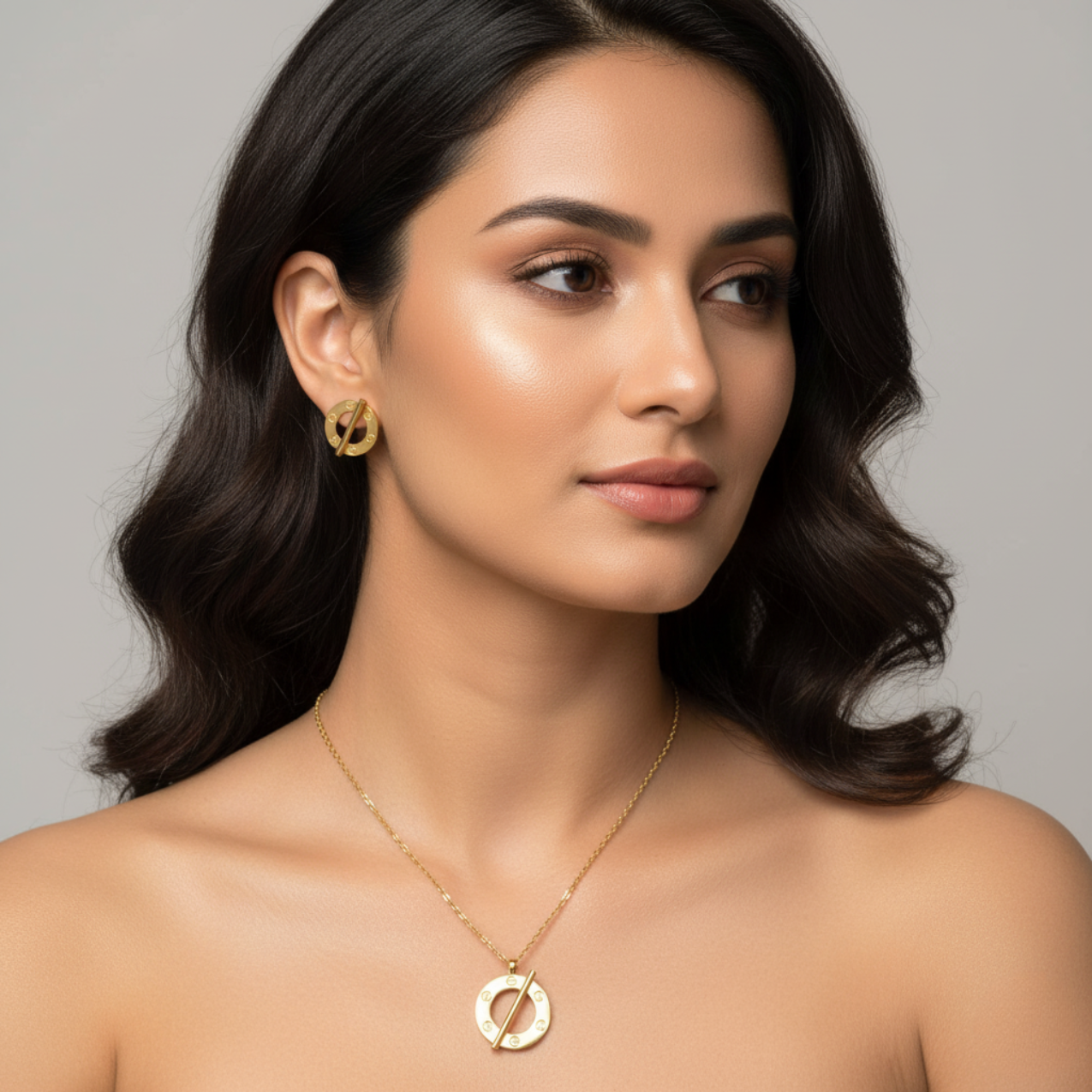 Conjunto de Joyería Circular con Barra Diagonal y Detalles de Tornillo 100% Acero Bañado en Oro 18K