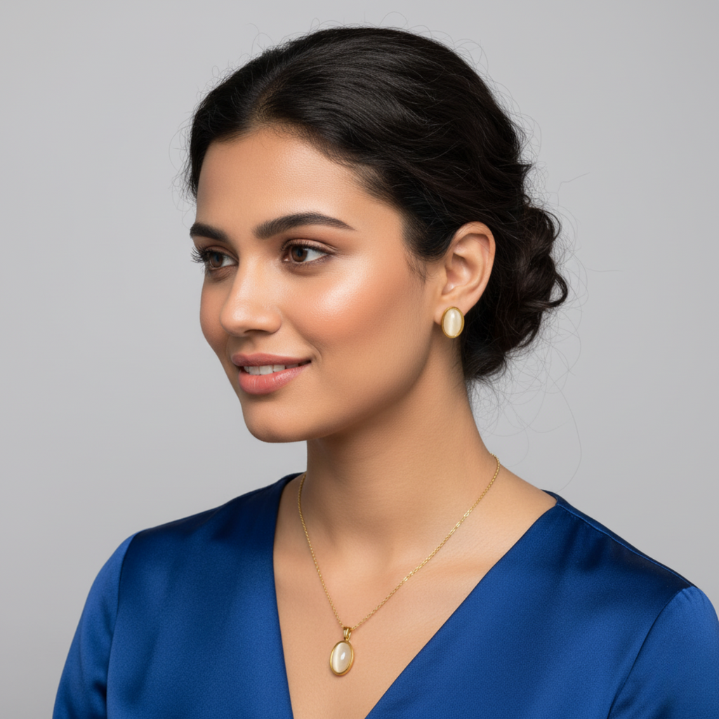 Conjunto de Joyas Clásico con Ojo de Gato Blanco - Pendientes y Collar 100% Acero Bañado en Oro de 18K