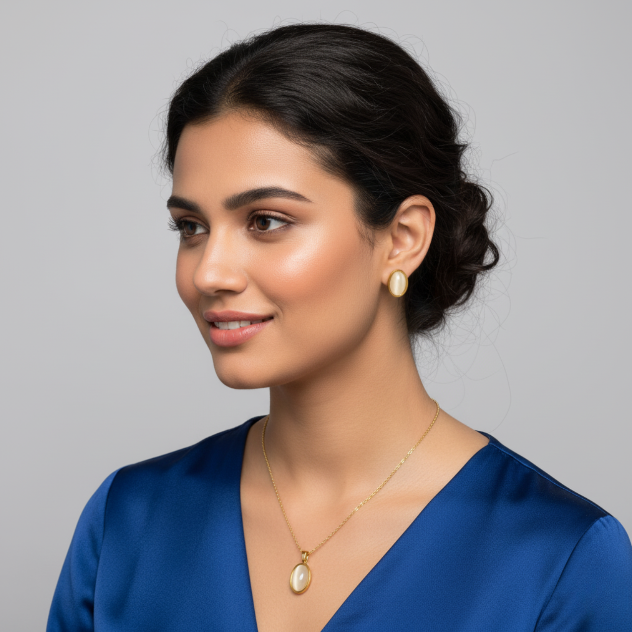Conjunto de Joyas Clásico con Ojo de Gato Blanco - Pendientes y Collar 100% Acero Bañado en Oro de 18K