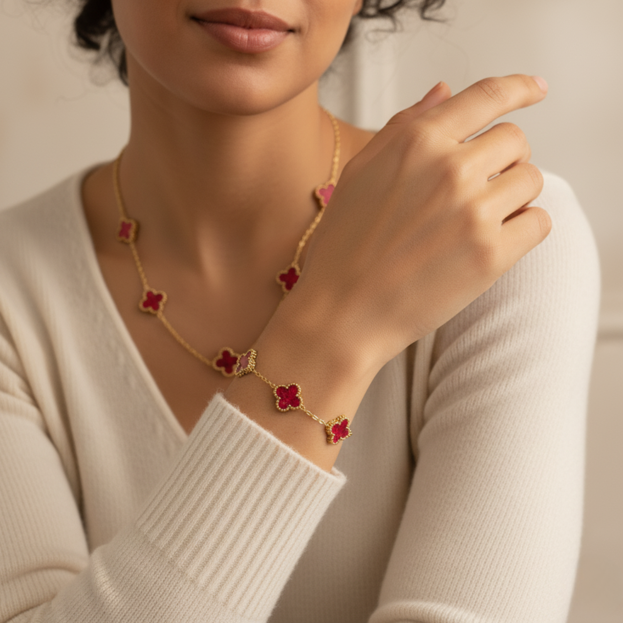 Conjunto Completo de Acero Chapado en Oro de 18K 100% con Tréboles Rojos
