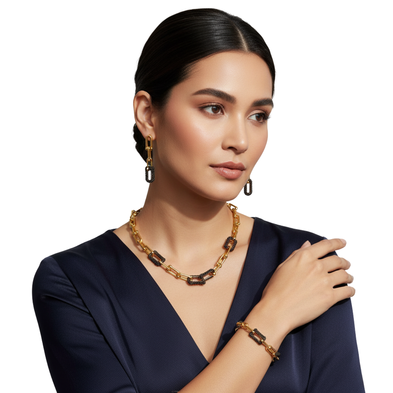 Conjunto de Cadena de Eslabones con Detalles Negros (Collar, Pulsera y Pendientes) - 100% Acero Bañado en Oro 18K