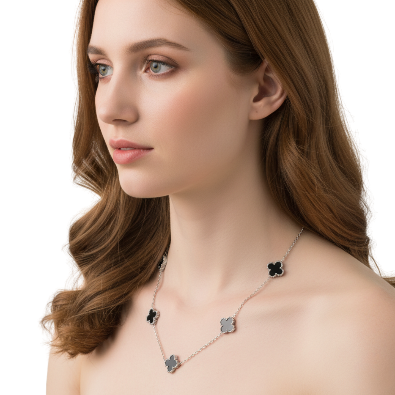 Conjunto Lujo de Tréboles de Cuatro Hojas Negros (Collar, Pendientes, Pulsera y Anillo) - Acero Inoxidable con Baño en Rodio