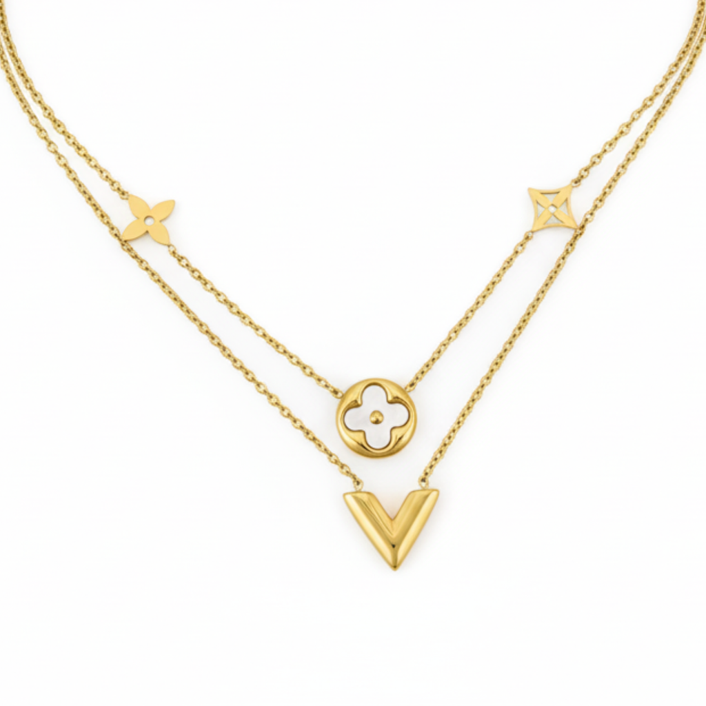 Collar Doble Cadena con Colgantes Florales y "V" 100% Acero Bañado en Oro 18K
