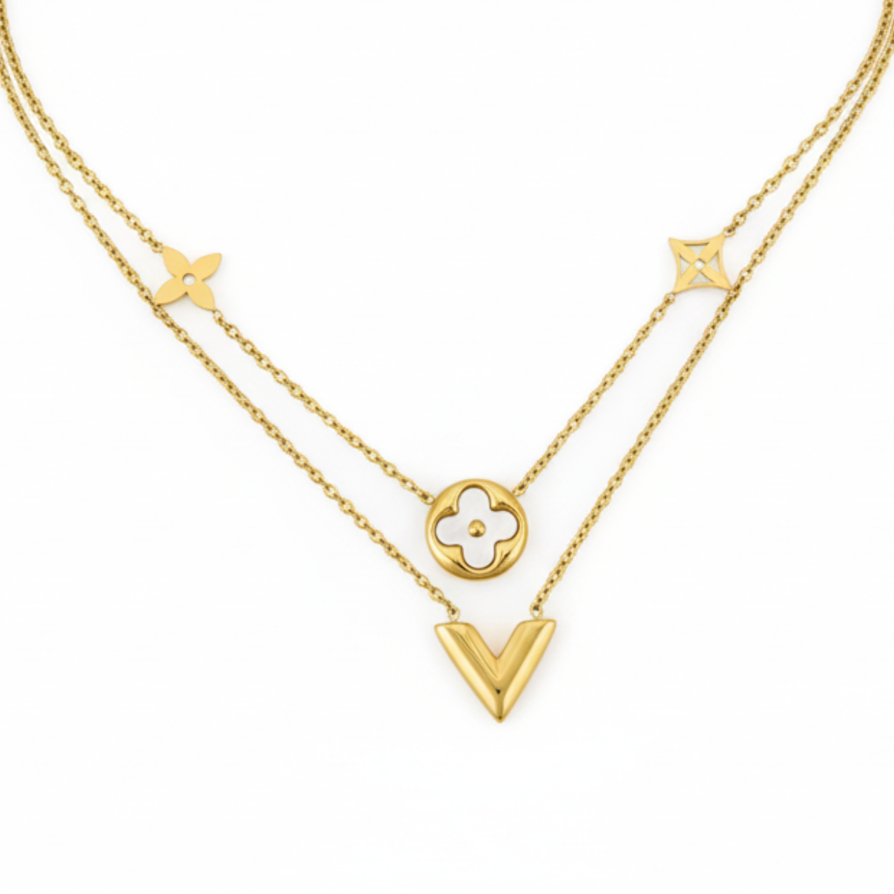 Collar Doble Cadena con Colgantes Florales y "V" 100% Acero Bañado en Oro 18K