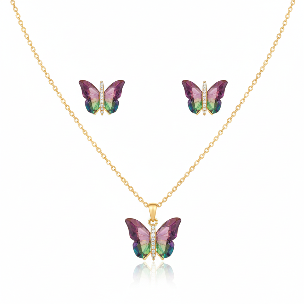 Conjunto Collar y Pendientes de Mariposa con Alas de Cristal Multicolores y Circonitas - 100% Acero Bañado en Oro 18K