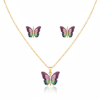 Conjunto Collar y Pendientes de Mariposa con Alas de Cristal Multicolores y Circonitas - 100% Acero Bañado en Oro 18K