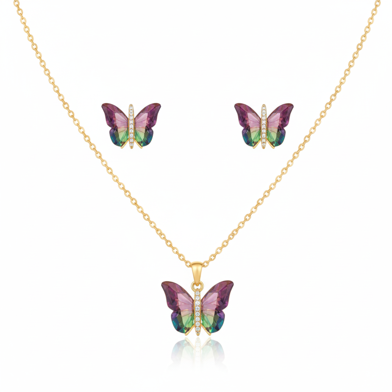 Conjunto Collar y Pendientes de Mariposa con Alas de Cristal Multicolores y Circonitas - 100% Acero Bañado en Oro 18K
