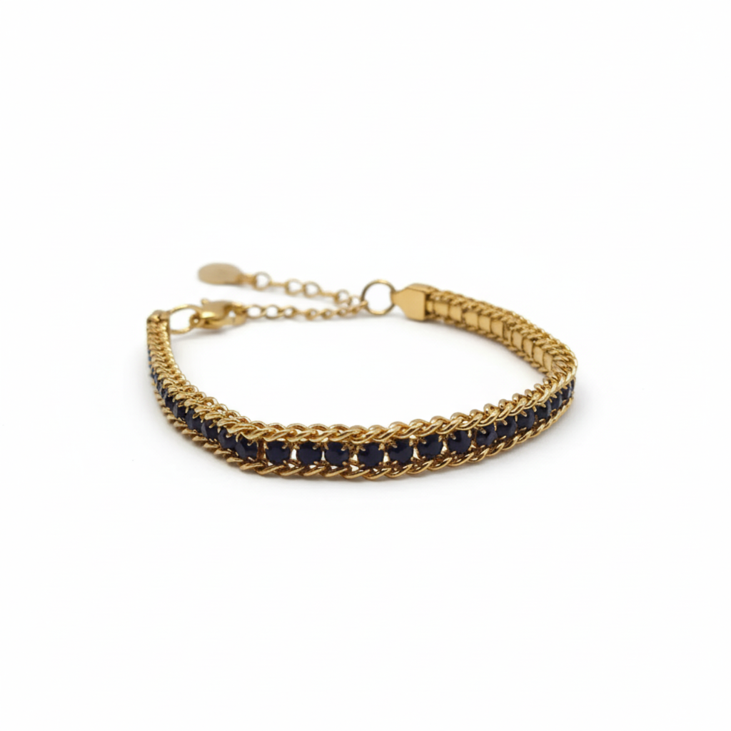 Bracelet à maille large avec zircon cubique noir, 100 % acier plaqué or 18 carats