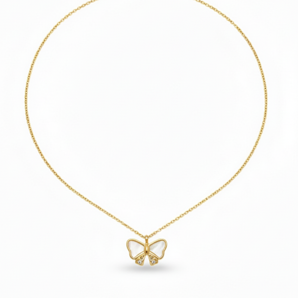Collar de Acero 100% Chapado en Oro de 18K con Colgante de Mariposa de Nácar