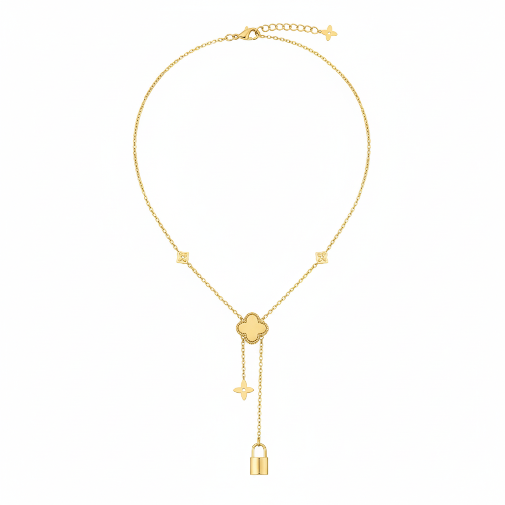 Collar Lariat con Trébol y Candado 100% Acero Bañado en Oro 18K