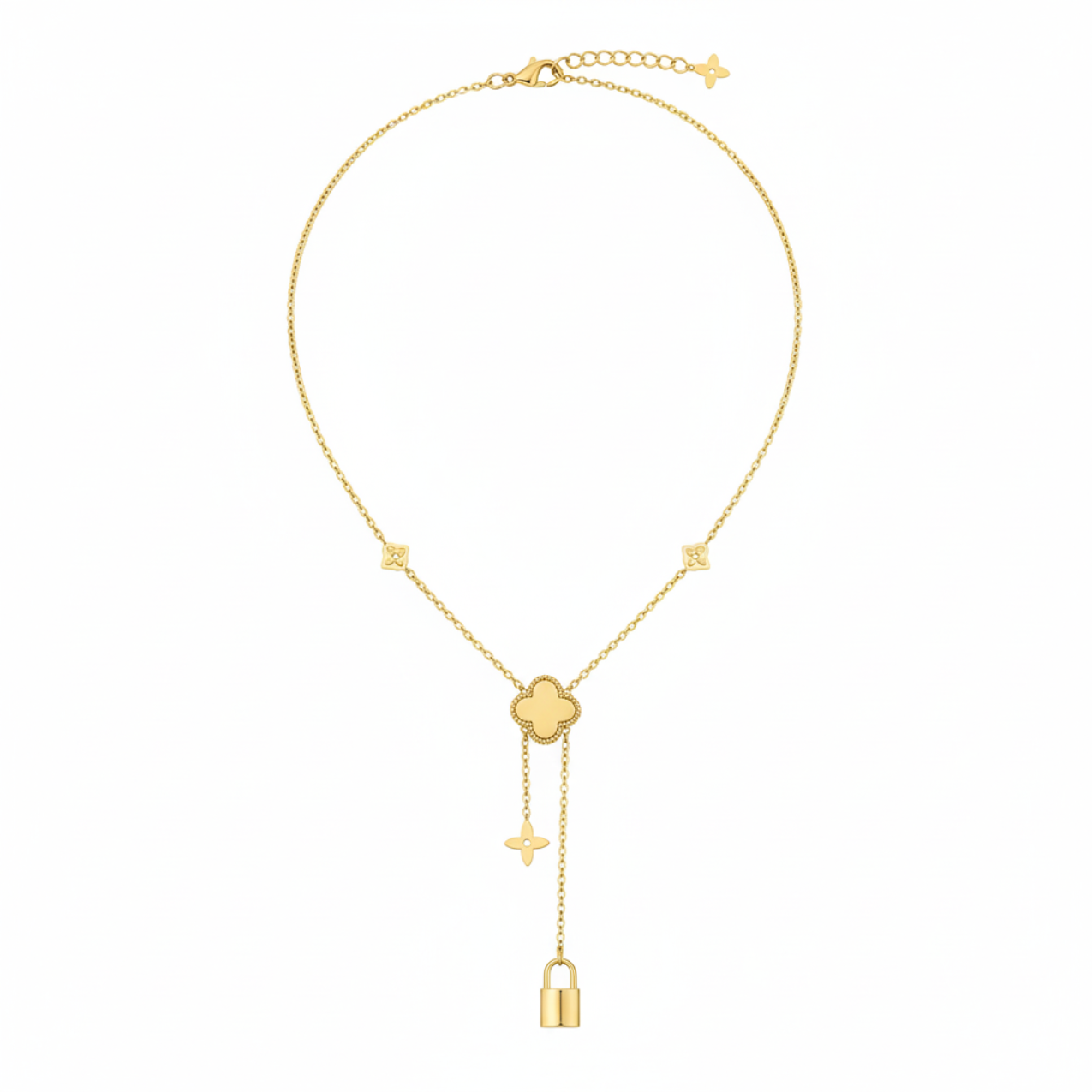 Collar Lariat con Trébol y Candado 100% Acero Bañado en Oro 18K