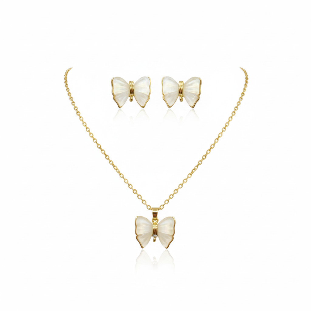 Ensemble collier et boucles d'oreilles papillon en nacre - 100 % acier plaqué or 18 carats