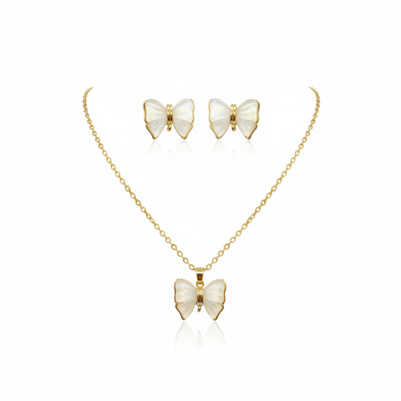 Butterfly Necklace and Earrings Set with Mother-of-Pearl - 100% 18K Gold Plated Steel