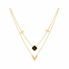 Collar Doble Cadena con Colgantes Florales y "V" 100% Acero Bañado en Oro 18K