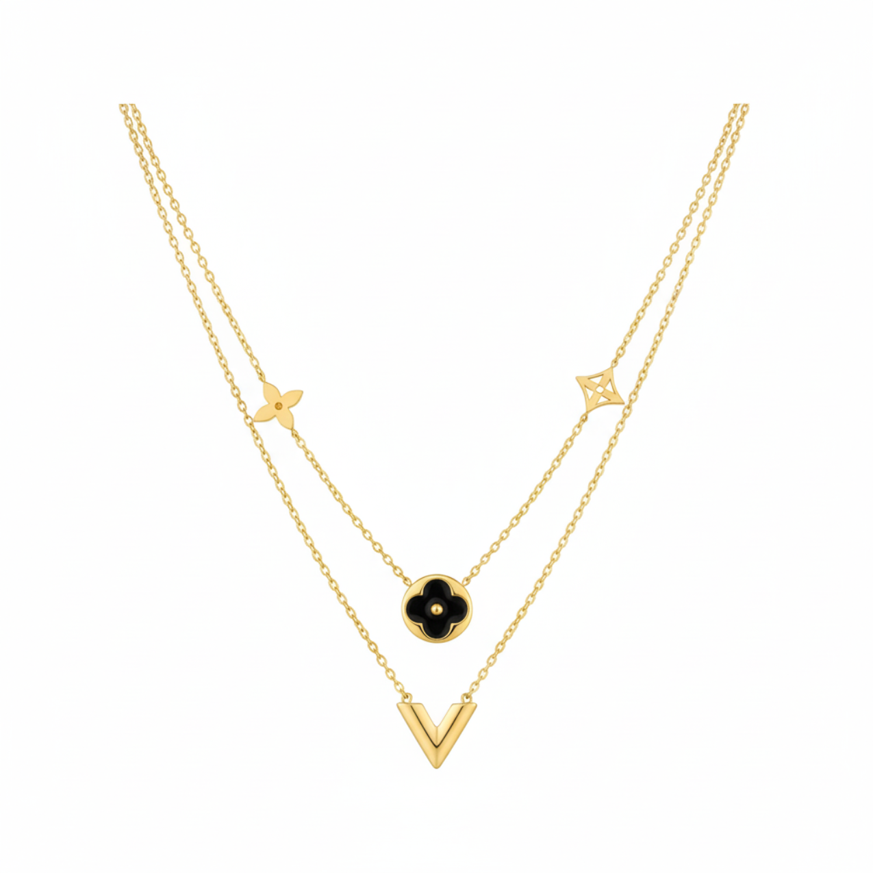 Collar Doble Cadena con Colgantes Florales y "V" 100% Acero Bañado en Oro 18K