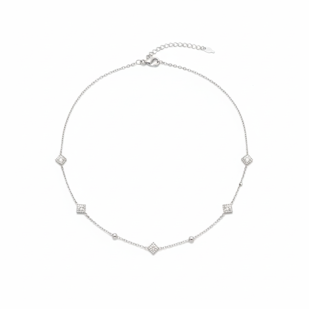 Collar de Acero Inoxidable 100% con Dijes Cuadrados y Bolas de Zirconia