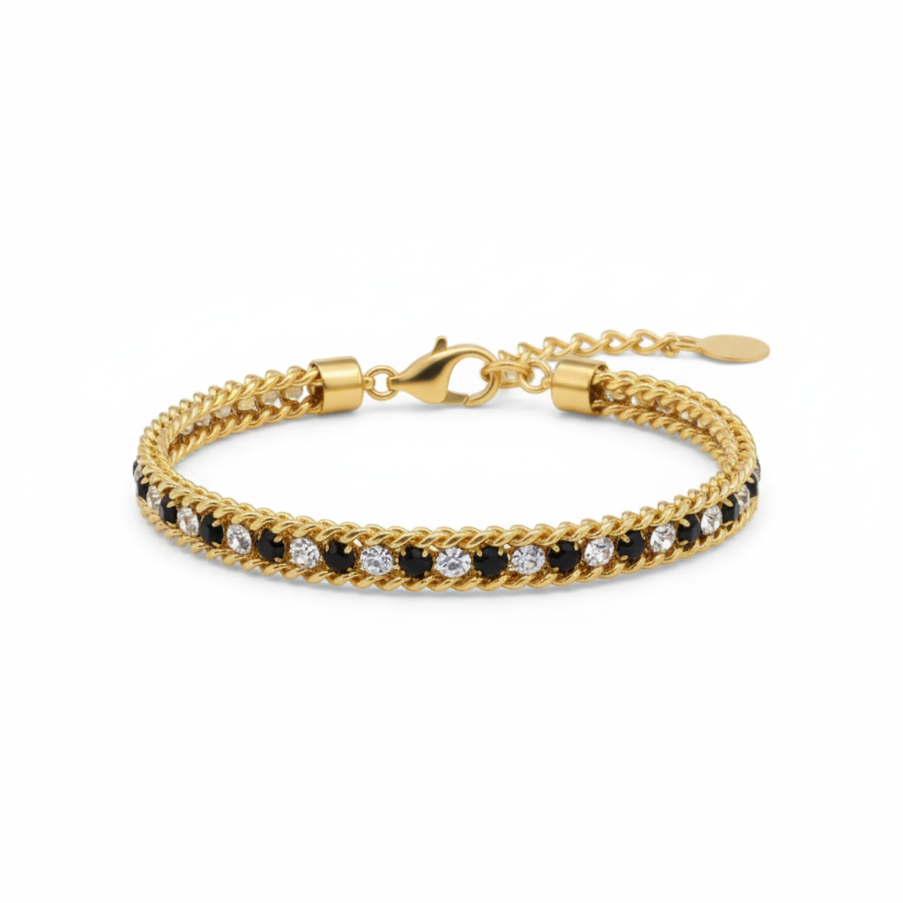 Bracelet bicolore en acier plaqué or 18 carats, orné de zirconiums cubiques et d'un motif tressé.