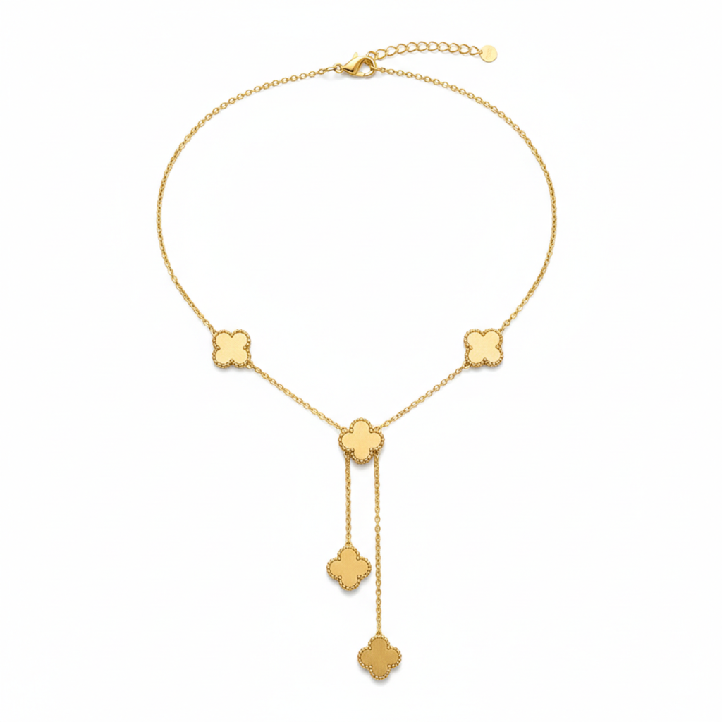 Collar Lariat de Tréboles Texturizados 100% Acero Bañado en Oro 18K