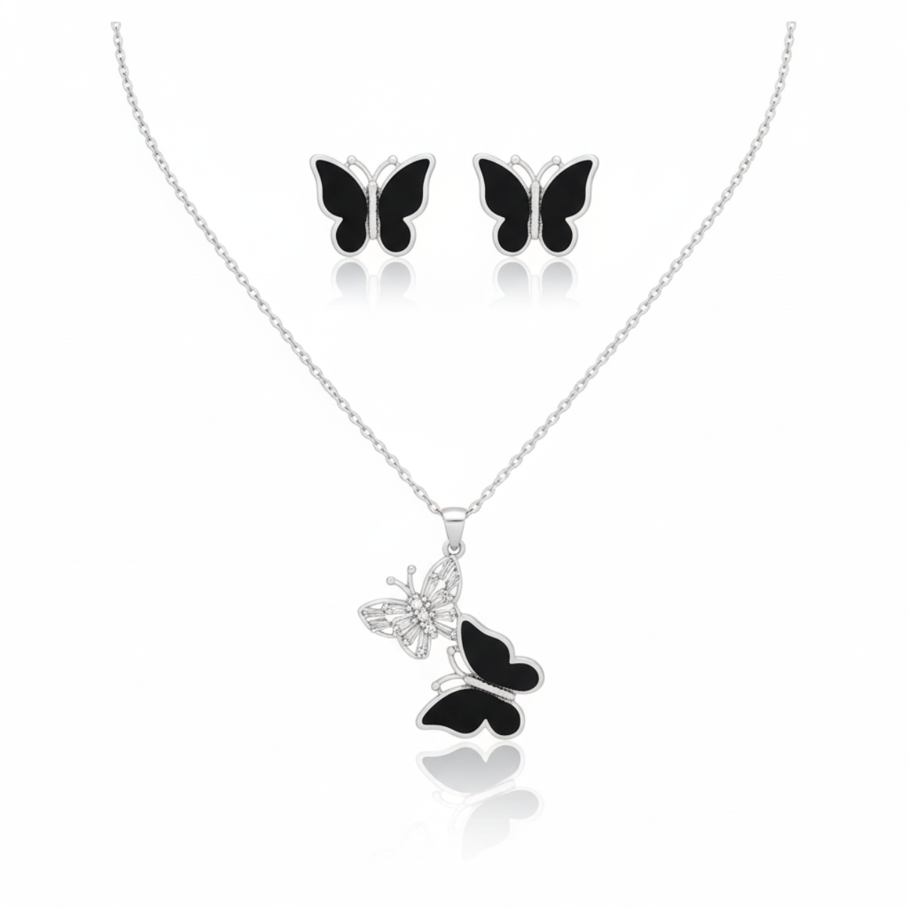 Two-tone Butterfly Necklace and Enameled Earrings Set - 100% Rhodium-Plated Steel