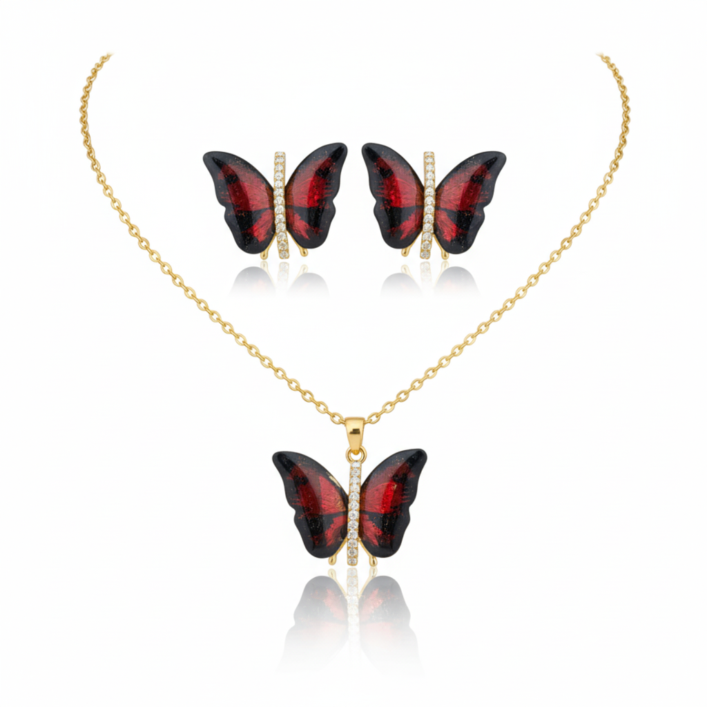 Butterfly Necklace and Earrings Set with Red Enameled Wings and Zirconia - 100% 18K Gold Plated Steel