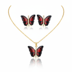 Butterfly Necklace and Earrings Set with Red Enameled Wings and Zirconia - 100% 18K Gold Plated Steel