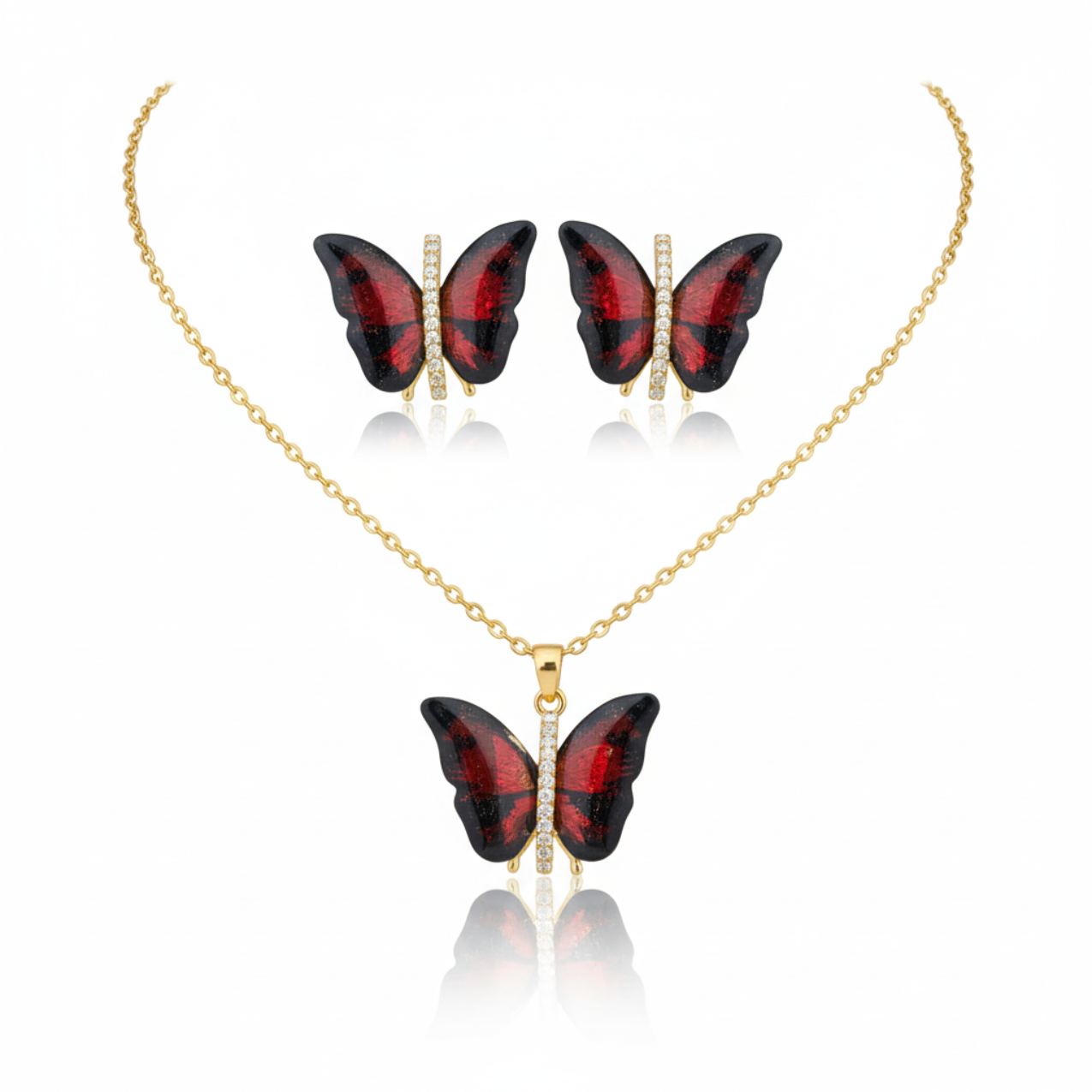 Butterfly Necklace and Earrings Set with Red Enameled Wings and Zirconia - 100% 18K Gold Plated Steel