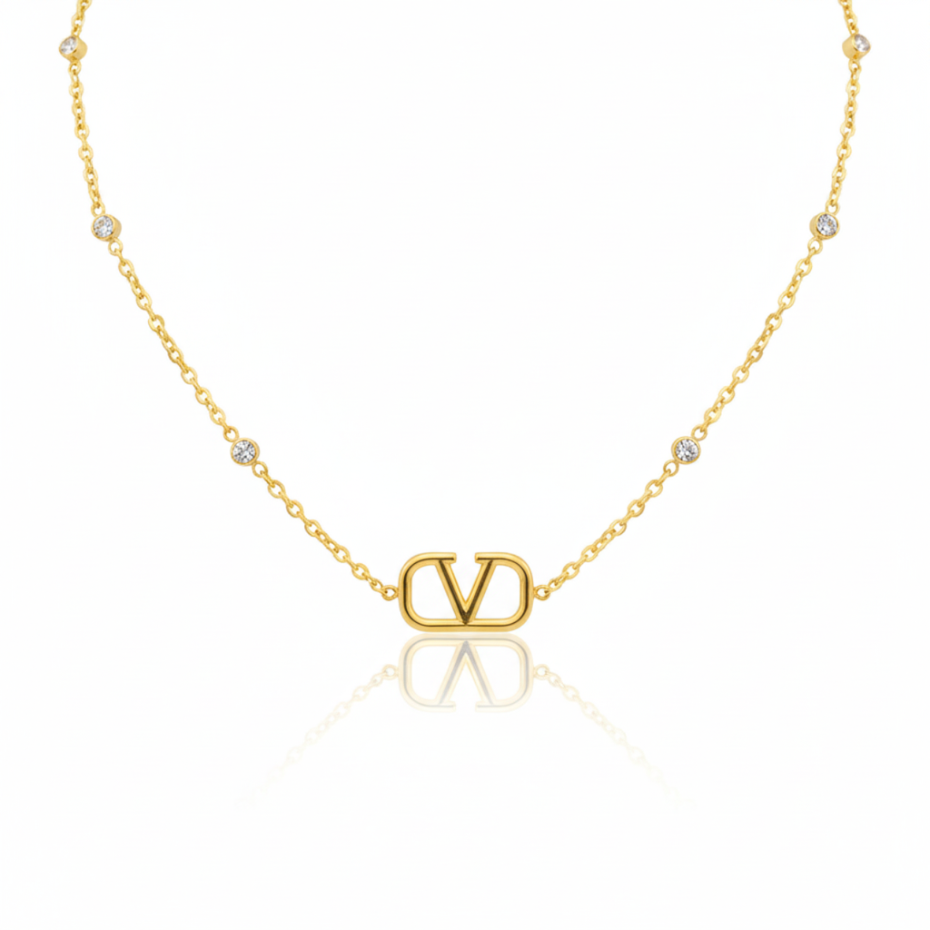 Initial 'V' Necklace and Earrings Set with Zirconia - 100% 18K Gold Plated Steel